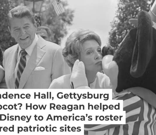 First lady Nancy Reagan kisses Mickey Mouse as President Ronald Reagan and Minnie Mouse watch 20 bands marching in the unofficial inaugural parade at Disney’s Epcot Center on Memorial Day, May 27, 1985. Bettmann/Getty Images